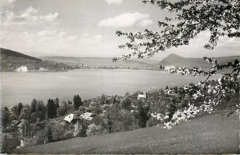 Lago d'Annecy — Vista geral desde Vevrier — Edições G. Mouchet, Annecy, n° 038 - Frente
