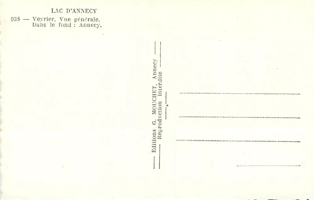 Lago d'Annecy — Vista geral desde Vevrier — Edições G. Mouchet, Annecy, n° 038 - Verso