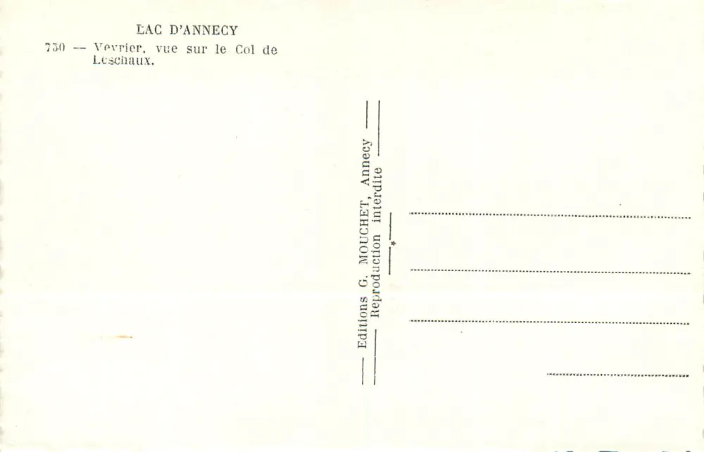 Lac d'Annecy — Aussicht auf den Col de Leschaux — Éditions G. MOUCHET, Annecy - Rückseite