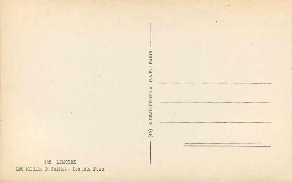 Jardins de Julho — Os jatos d'água — LIMOGES - Verso