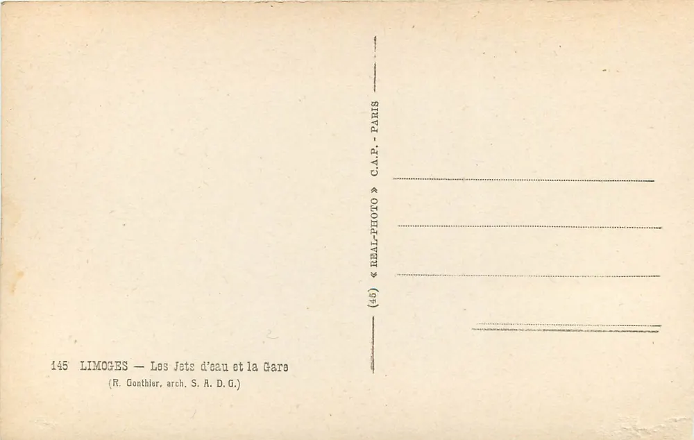 Limoges — Os Jets d'eau e a Estação — R. Gonthier, arq. S.A.D.G. - Verso