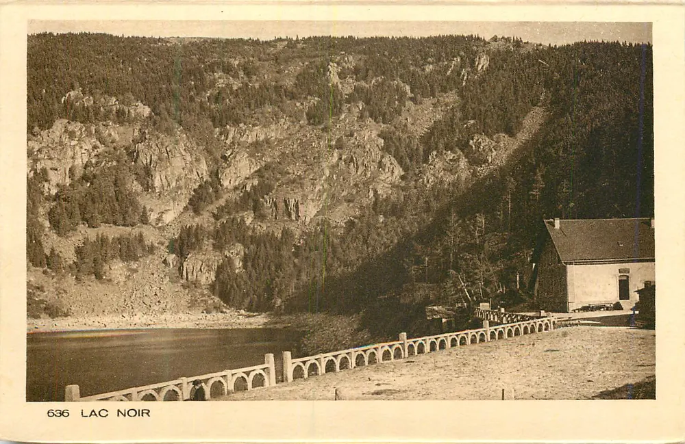 Lago Negro — vista do lago e da barragem com casa — editor BRAUN & Cie, Mulhouse-Dornach - Frente