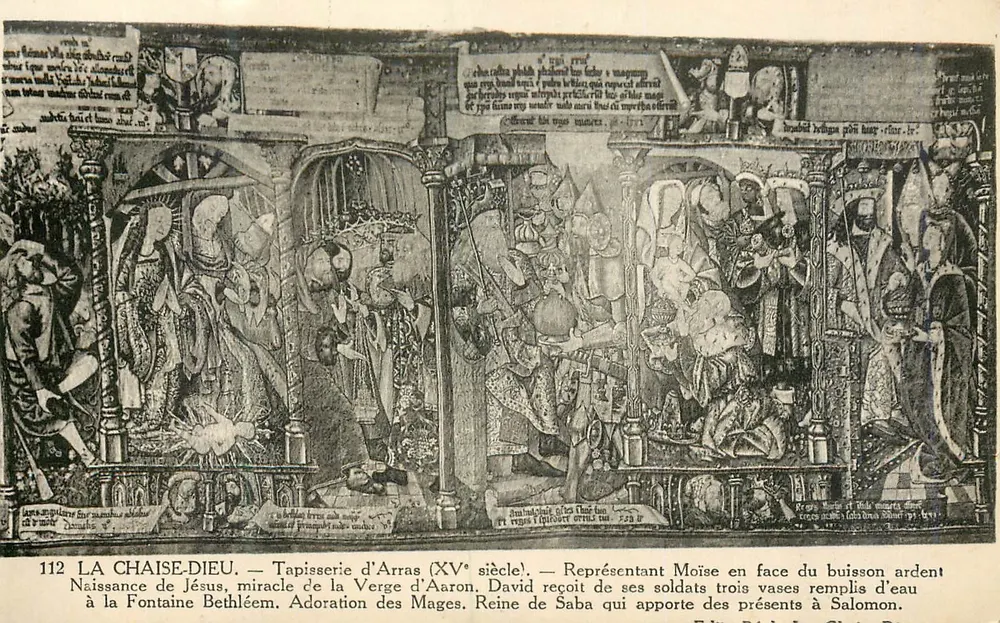La Chaise-Dieu — Arras-Tapisserie (15. Jahrhundert) — Darstellung der Geburt Christi, des Wunders der Jungfrau Aaron, der Anbetung der Weisen und der Königin von Saba - Vorderseite