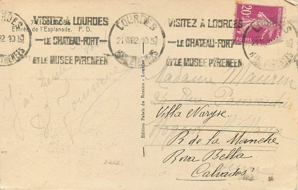 Lourdes — Entrée de l'Esplanade avec le château-fort et le musée pyrénéen — Édition Palais du Rossire, Lourdes - Verso