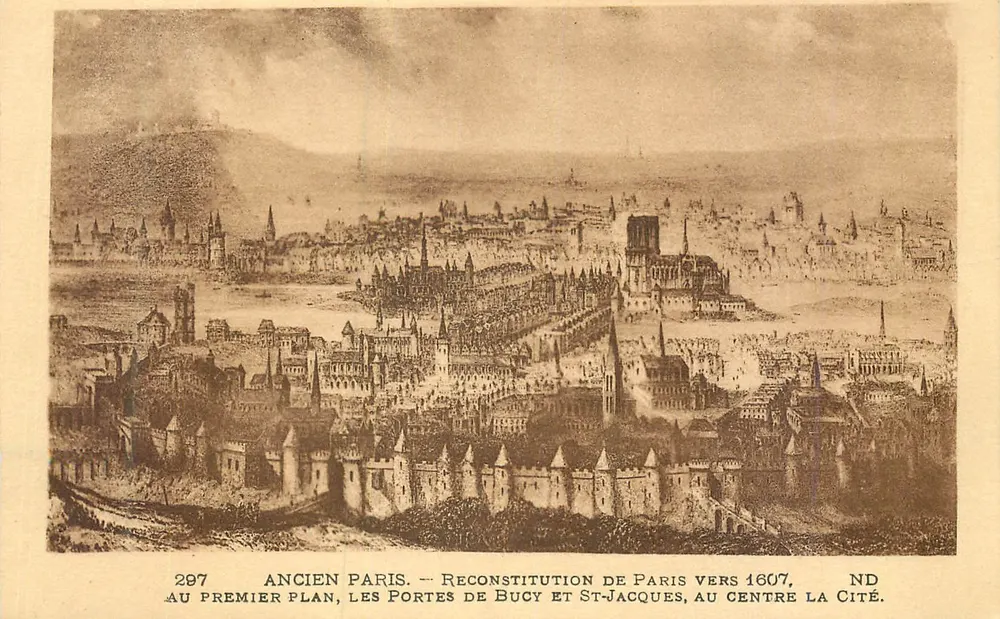 París antiguo — Reconstrucción de París hacia 1607, en primer plano las puertas de Bucy y Saint-Jacques, en el centro la Cité — N.D. - Anverso