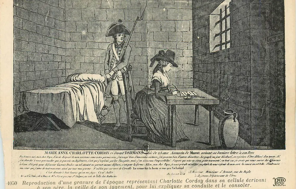 Marie Anne Charlotte Corday — Assassinato de Marat — Reprodução de uma gravura da época - Frente