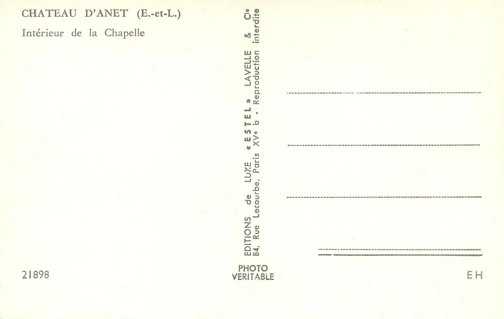 Interior da capela do Castelo d'Anet — Editor Estel, n° 21898 - Verso