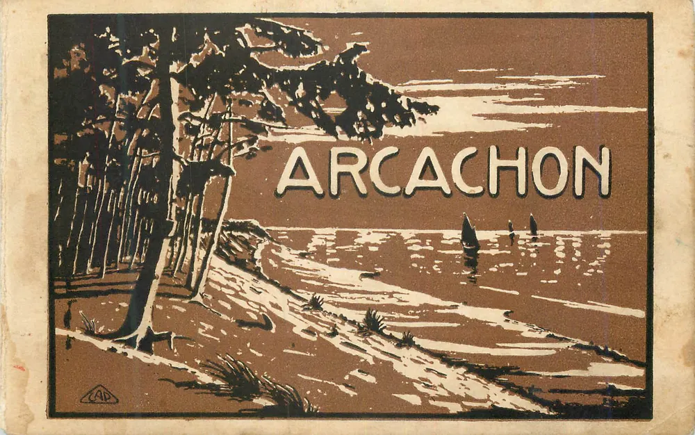 Arcachon — vista da costa com pinheiros e barcos a vela — editor CAD, número de série não visível - Frente