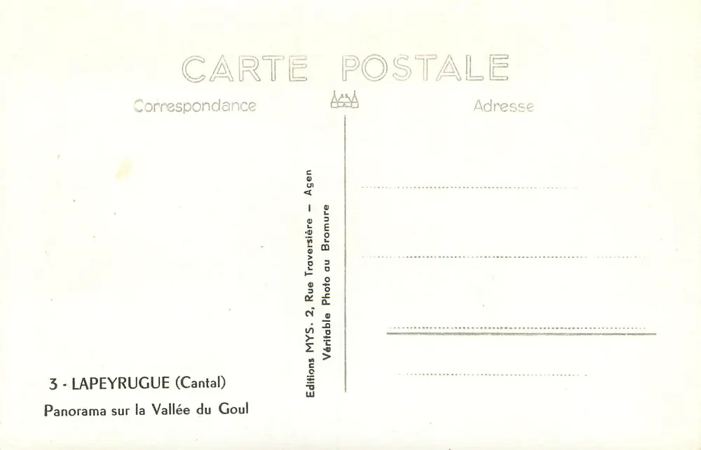 Lapeyrugue (Cantal) — Panorama über das Tal des Goul — Éditions MYS, Agen - Rückseite