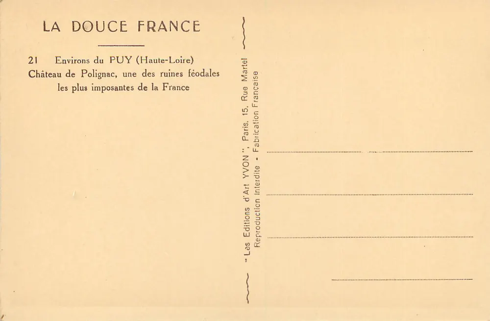 Château de Polignac — ruines féodales — Éditions d'Art YVON, n°21 - Verso