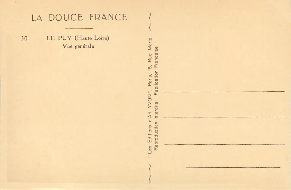 Le Puy (Haute-Loire) — Vista geral — Edições de Arte YVON, n°30 - Verso