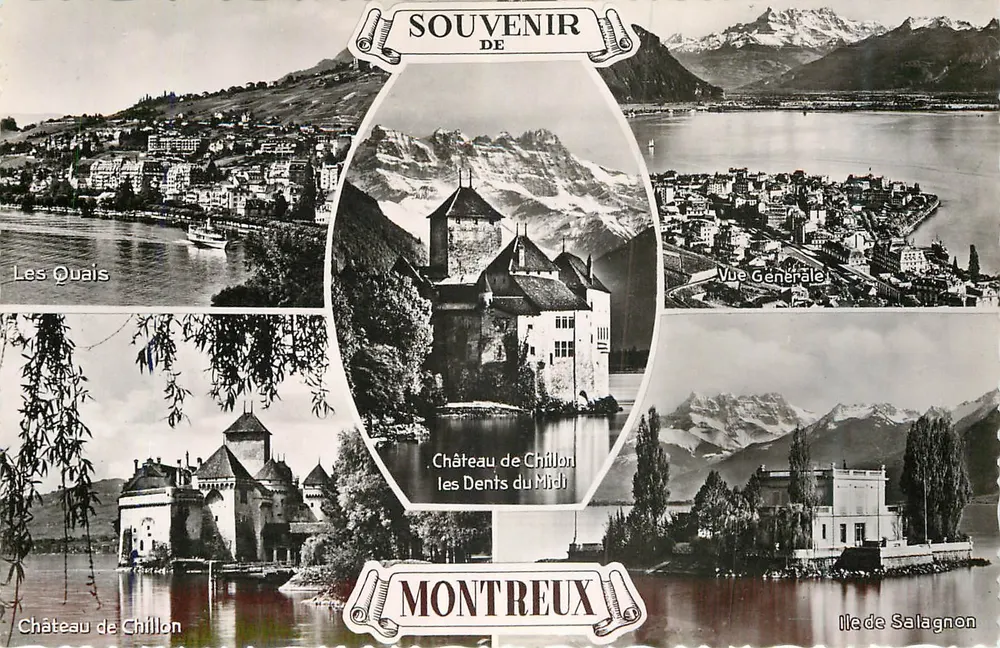 Montreux — Schloss Chillon, die Quais, allgemeiner Blick, Insel Salagnon — Editions G. Jaeger, Genf - Vorderseite
