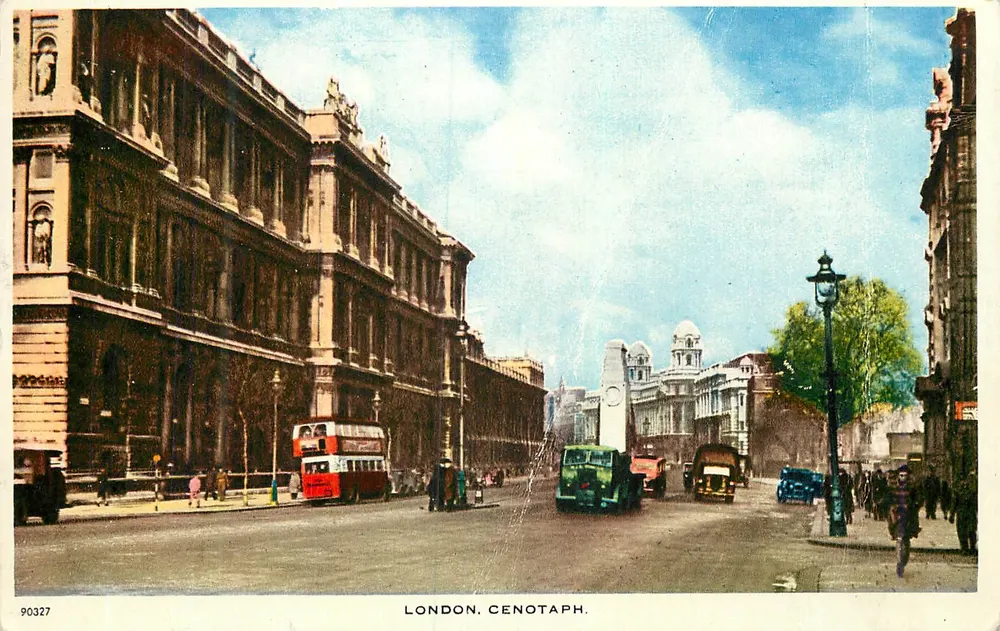 Londres, Cenotaph — vista da rua com ônibus e monumento — C. Richter (Publishers) Ltd. n° 90327 - Frente