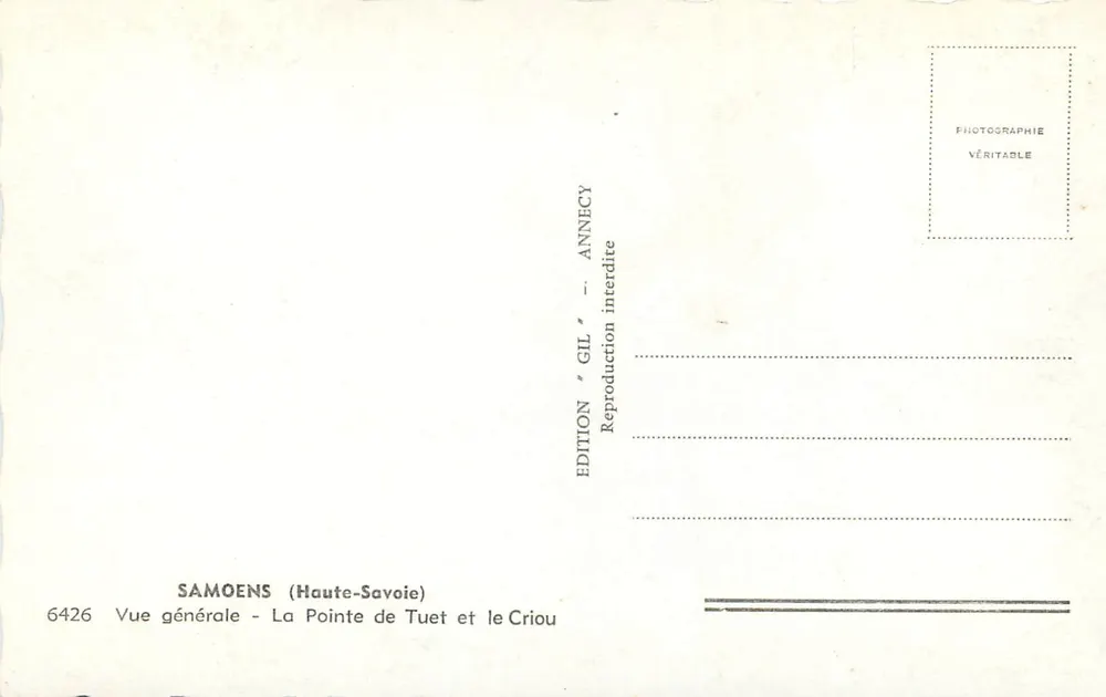 Samoëns (Haute-Savoie) — Allgemeiner Blick — La Pointe de Tuet und der Criou — Edition Gil, Annecy, n° 6426 - Rückseite
