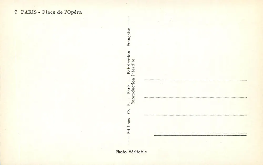 Paris - Place de l'Opéra — Ópera Garnier — Éditions O. P. Paris - Verso