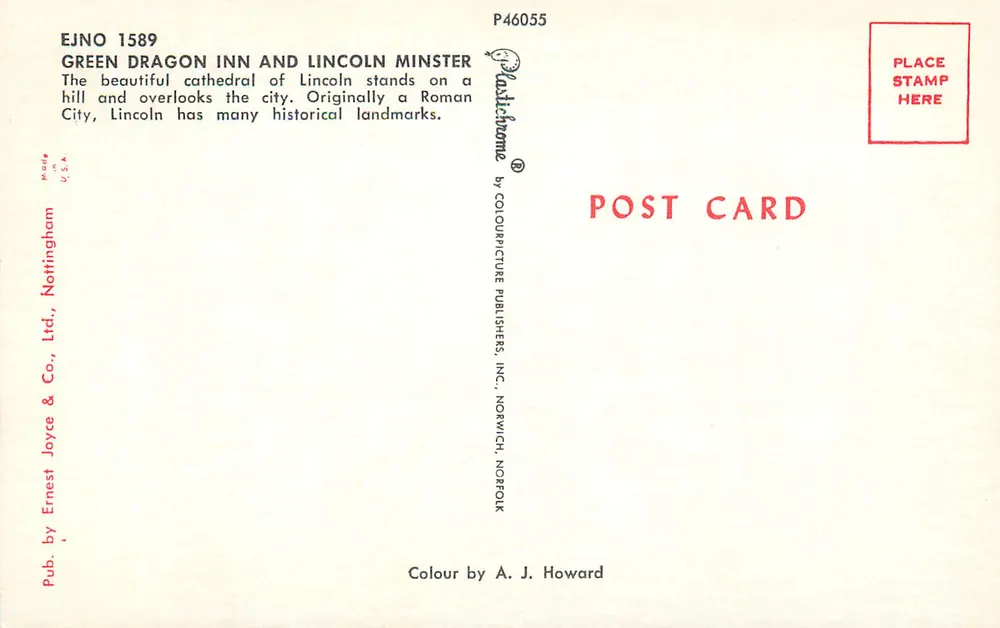 Green Dragon Inn en Lincoln Minster — uitzicht op de stad — uitgever: Colourpicture Publishers, Inc., Norwich, Norfolk - Achterkant