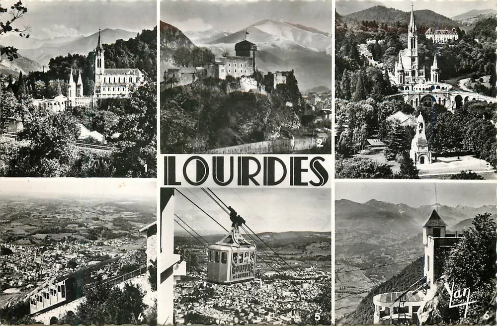 Lourdes — Vista panorâmica com basílica, castelo-fortaleza, teleférico — Edição Quinault - Frente