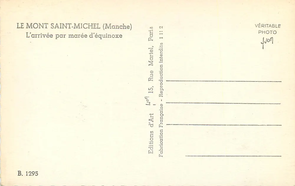 Monte Saint-Michel — A chegada com maré de equinócio — Éditions d'Art Jean Martel, Paris - Verso