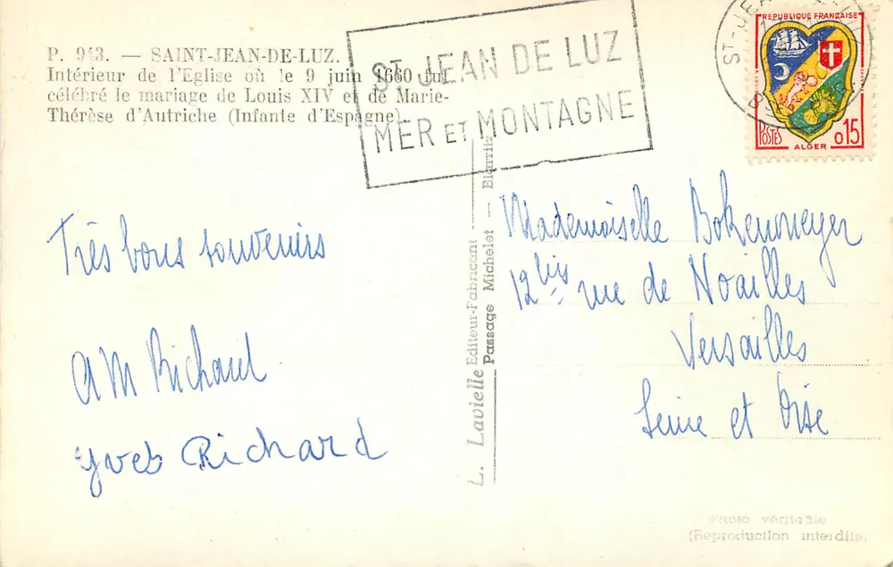 Interior da Igreja de Saint-Jean-de-Luz — casamento de Louis XIV e Marie-Thérèse da Áustria — editor L. Lavielle, n° P. 943 - Verso