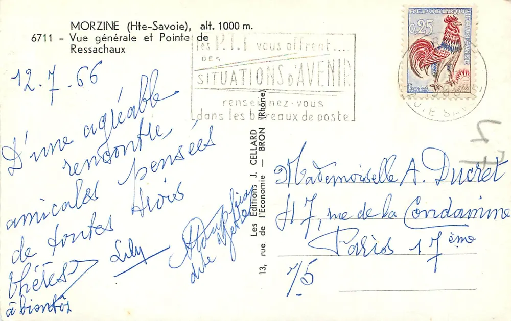 Morzine (Haute-Savoie), allgemeine Ansicht und Pointe de Ressachaux — Éditions J. Cellard — n° 6711 - Rückseite