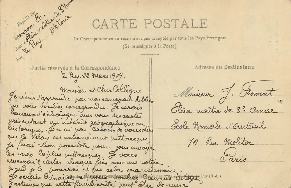 Le Puy - Le Rocher Saint-Michel-d'Aiguilhe (Aspect Ouest) — éditeur M. B. - Rep. int. - Verso