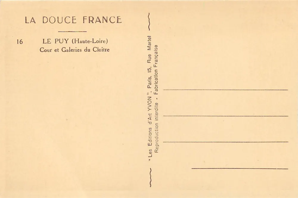 Le Puy (Haute-Loire) — Pátio e Galerias do Claustro — Edições de Arte Yvon - Verso