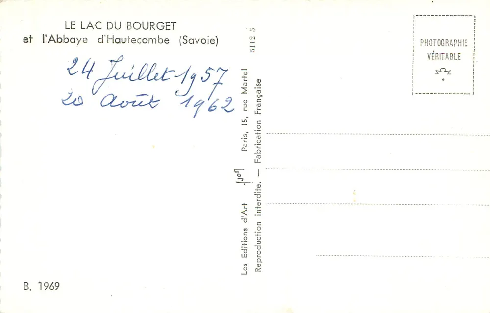 Il Lago del Bourget e l'Abbazia d'Haute-combe (Savoia) — Edizioni d'Arte, Parigi, B. 1969 - Verso