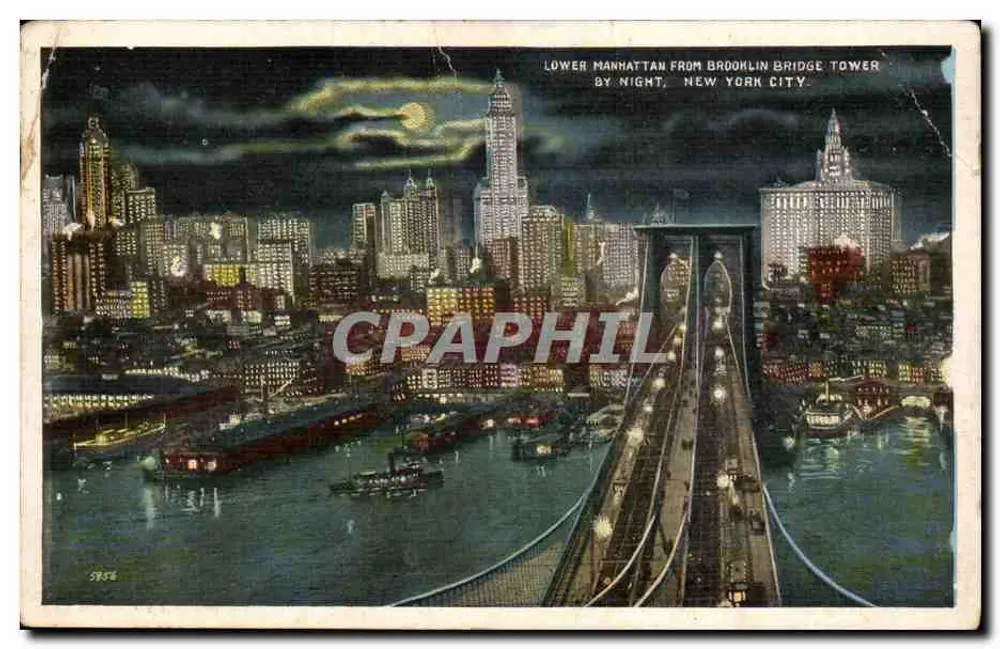 Lower Manhattan vom Brooklyn Bridge Tower — nachts, New York City — Verlag nicht sichtbar, Seriennummer 2958 - Vorderseite