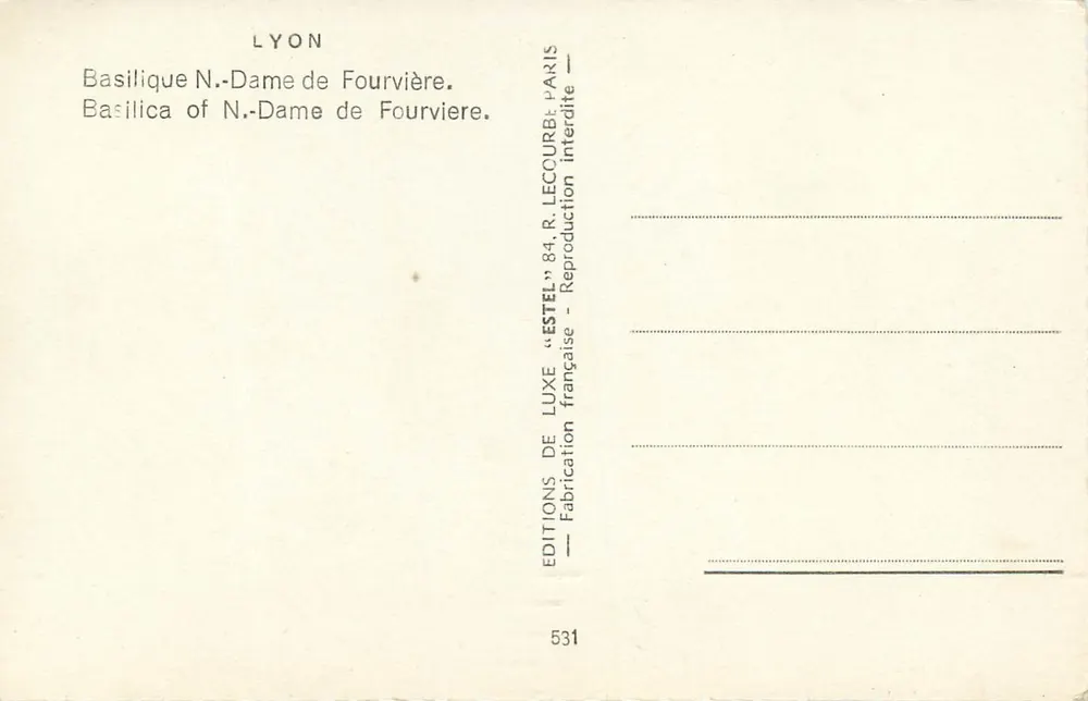 Basílica Nossa Senhora de Fourvière — Lyon — Editor Estel, n° 531 - Verso