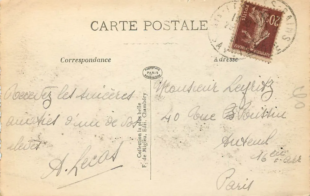 See Bourget und Pass Mont du Chat, von Terre-Nue gesehen — Nr. 1357 — Verlag F. de Migieu, Chambéry - Rückseite