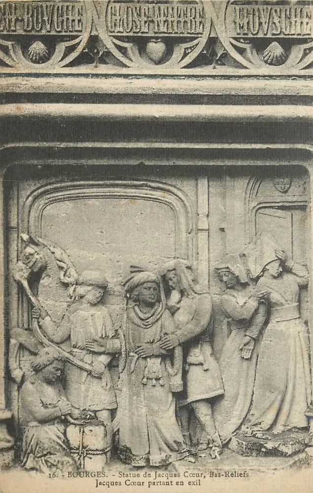 Bourges - Statue de Jacques Cœur, Bas-Reliefs représentant Jacques Cœur partant en exil — Éditeur : M. Bouvche, n°16 - Recto