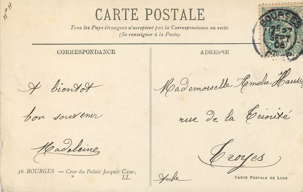 Bourges — Cour do Palácio Jacques Cœur — Carta Postal de Luxo - Verso
