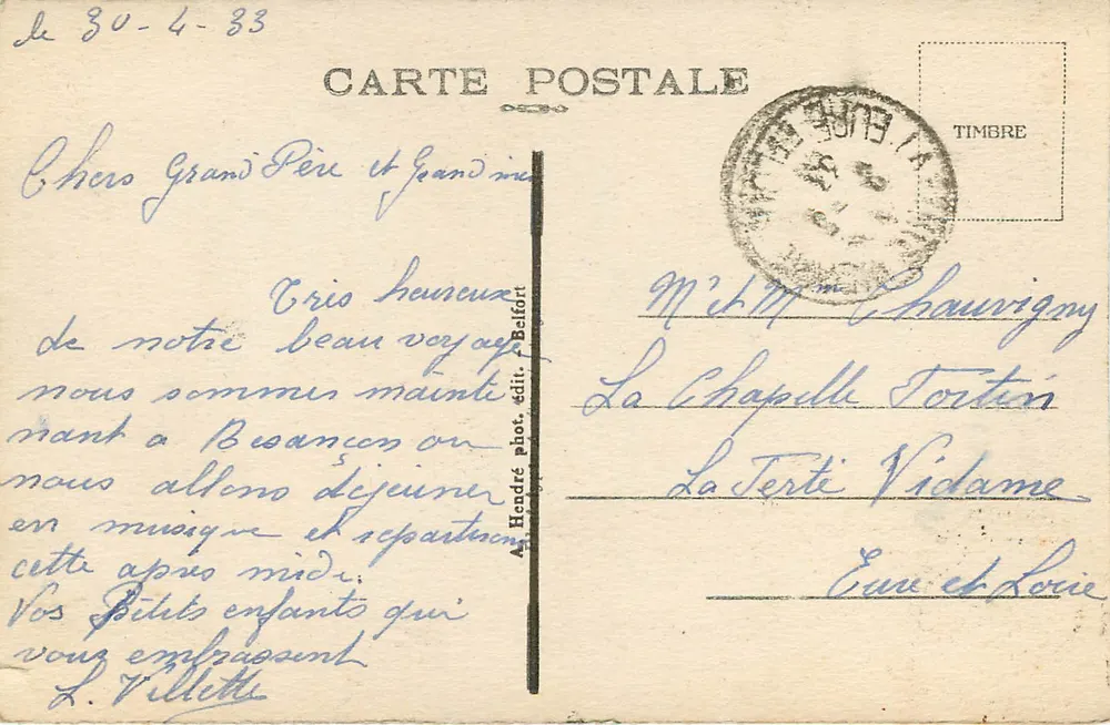 Belfort (Territoire) — Monument des Morts — A. Hendré édit. - Verso