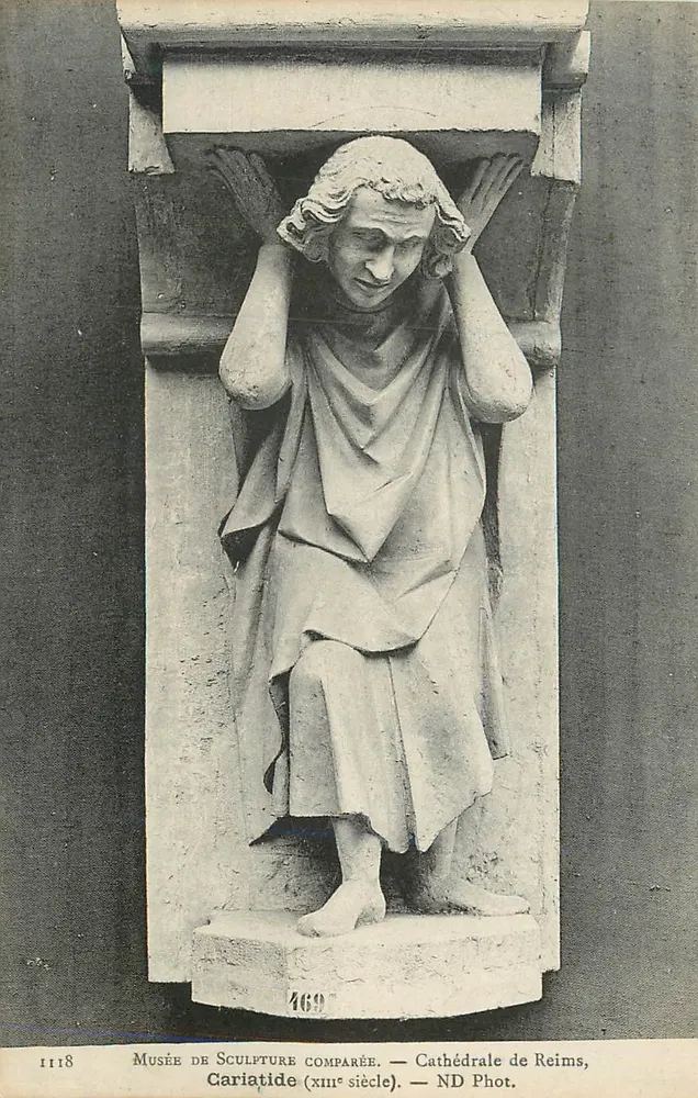 Cariatide — Vergleichende Skulptur — Museum für Vergleichende Skulptur, Kathedrale von Reims, 12. Jahrhundert — ND Phot. - Vorderseite