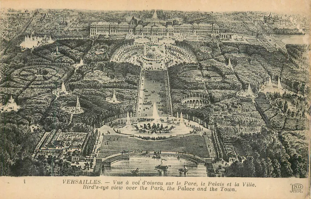 Versailles — Vogelperspektive auf den Park, das Schloss und die Stadt — JND HOC. - Vorderseite