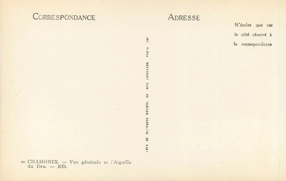 Chamonix — Vista geral e a Aiguille du Dru — Editor Levillier, Paris - Verso