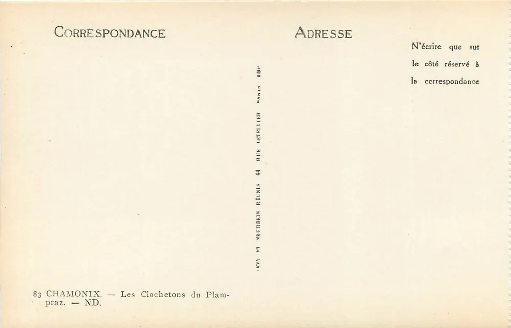 Clochetons du Plampraz — Chamonix — Wydawca Lettelier, 44 rue de Neurbien, Paryż - Rewers