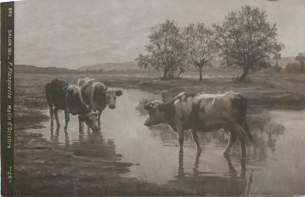 Kühe, die im Bach trinken — Salon 1911 — F. Planquette — Matin d'Octobre — Nr. 886 - Vorderseite
