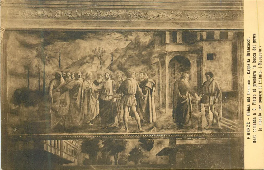 Florencio - Capela do Carmim - Fresco de Masaccio representando Jesus ordenando a Pedro que pague o tributo - Frente
