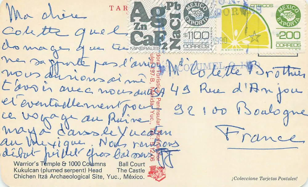 Chichén Itzá — Tempel der Krieger, Das Ballspiel, Kopf des Kukulcán, Der Schloss — Verlag Tarjetas Postales - Rückseite