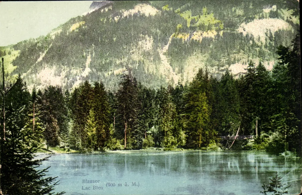 Lago Blen (900 m. M.) — paisagem alpina com floresta e ponte — editor não identificado, n° de série 1201 - Frente