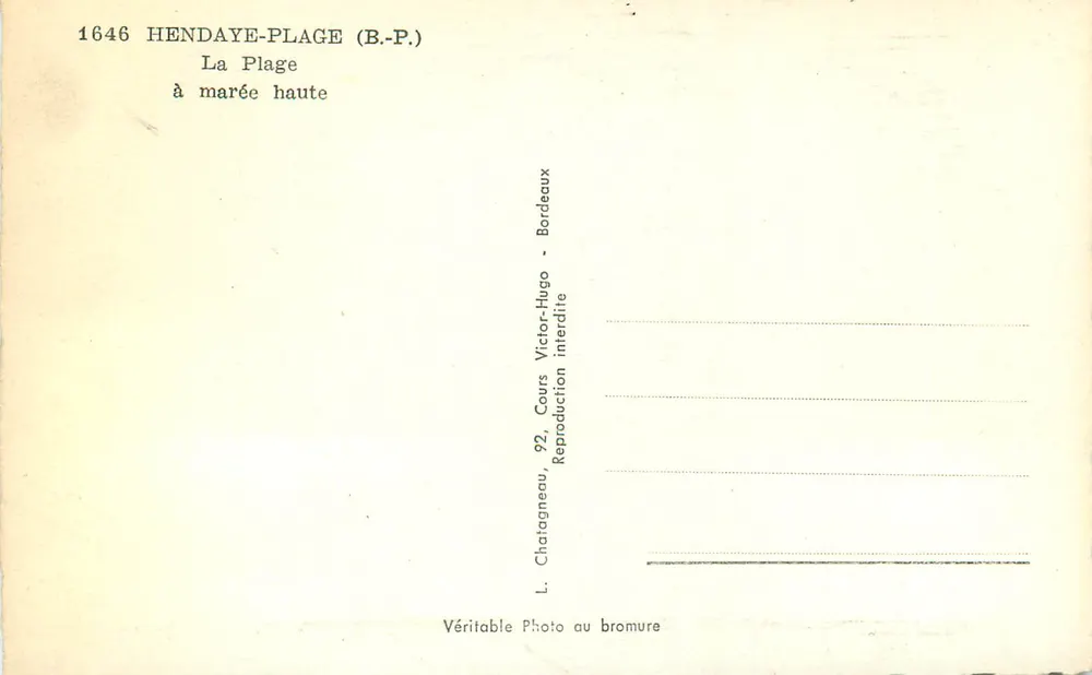 Hendaye-Plage — A praia com maré alta — L. Chatagneau, 92, Cours Victor-Hugo, Bordeaux - Verso