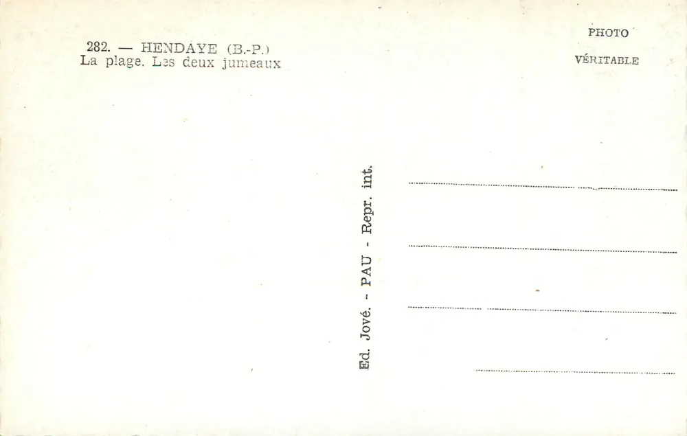 Hendaye (B.P.) — A praia. Os dois gêmeos — Ed. Jové, Pau, n° 282 - Verso