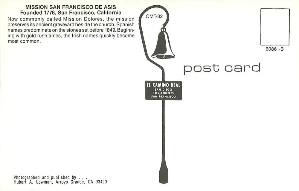 Mission Dolores Friedhof — San Francisco, Kalifornien — veröffentlicht von Hubert A. Lowman - Rückseite