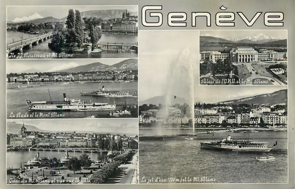 Genebra — vista panorâmica com o jato d'água e o Monte Branco — Éditions C. Sartori - Frente