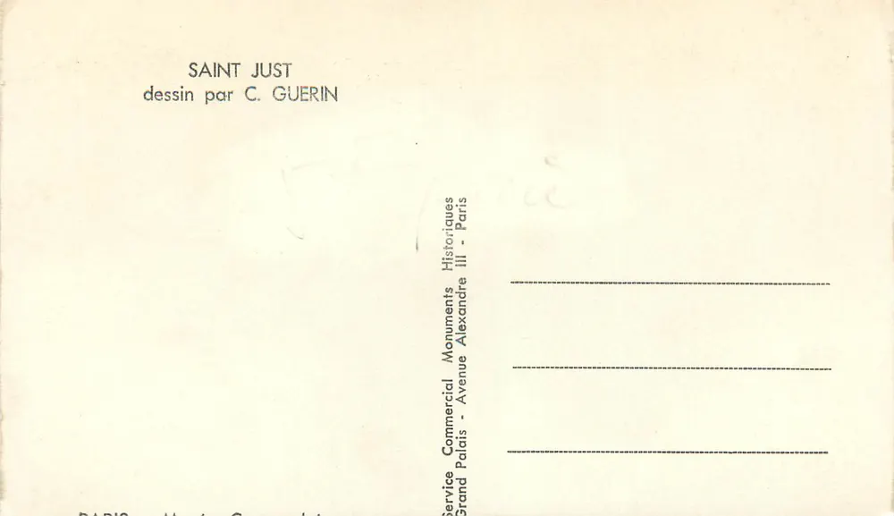 Saint-Just — desenho por C. Guérin — Service Commercial Historiques, Paris - Verso