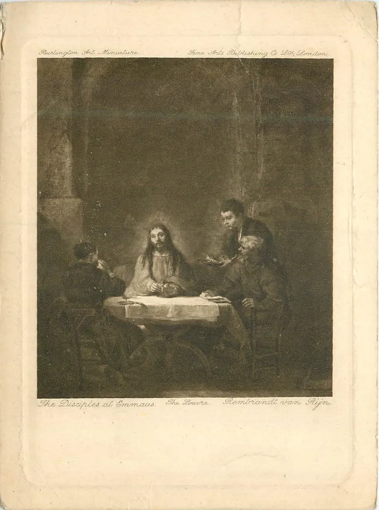 Os Discípulos em Emaús — reprodução de uma obra de Rembrandt van Rijn — Burlington Art Miniature, Fine Arts Publishing Co. Ltd., Londres - Frente