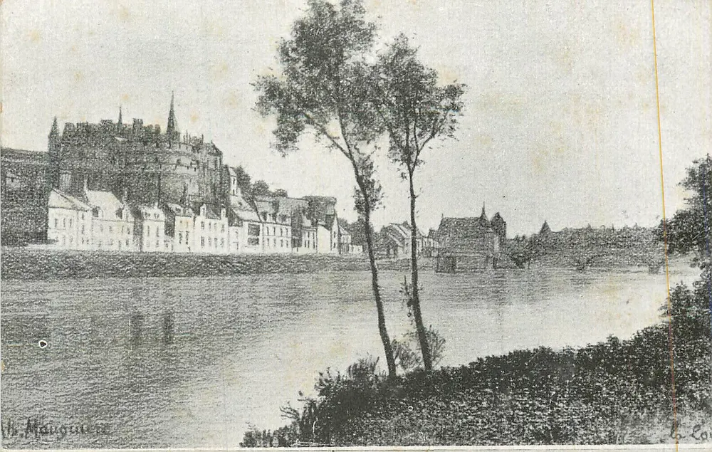 Vista do castelo e do rio em Maugues — gravura de B. Maugousses - Frente