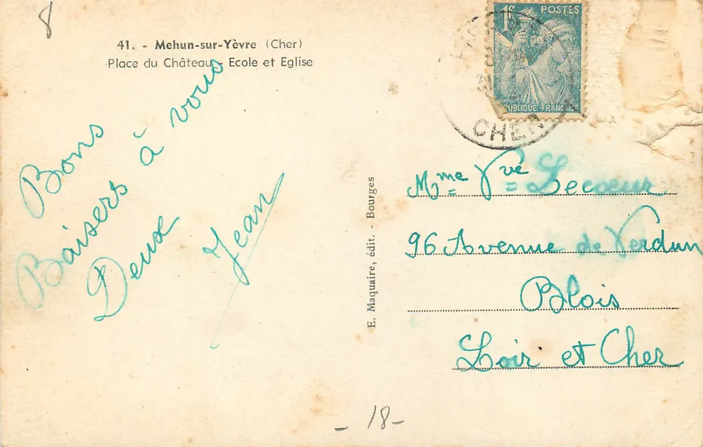 Mehun-sur-Yèvre (Cher) — Platz des Schlosses, Schule und Kirche — E. Maquaire, Verlag - Bourges - Rückseite