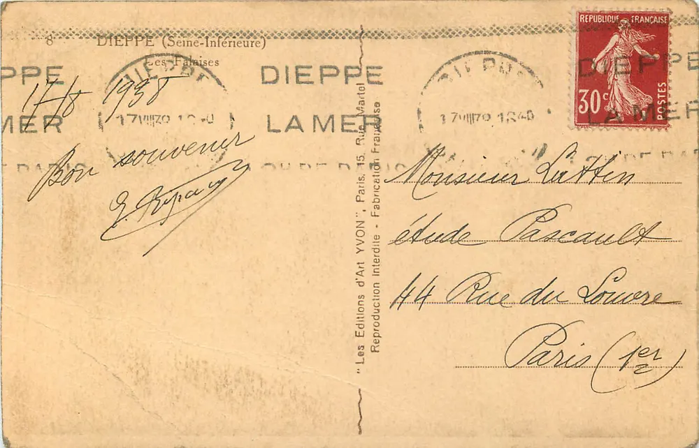 Les Falaises de Dieppe — vue panoramique — Les Editions d'Art YVON, n°8 - Verso